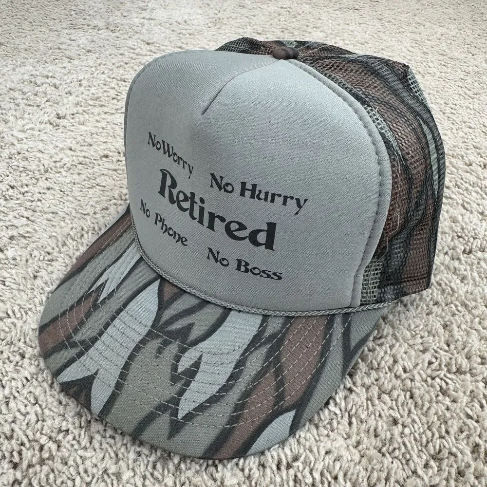 Retired Hat Camo Trucker Snapback No Worry Hurry‎ Phone Boss Vtg Foam Mesh Cap